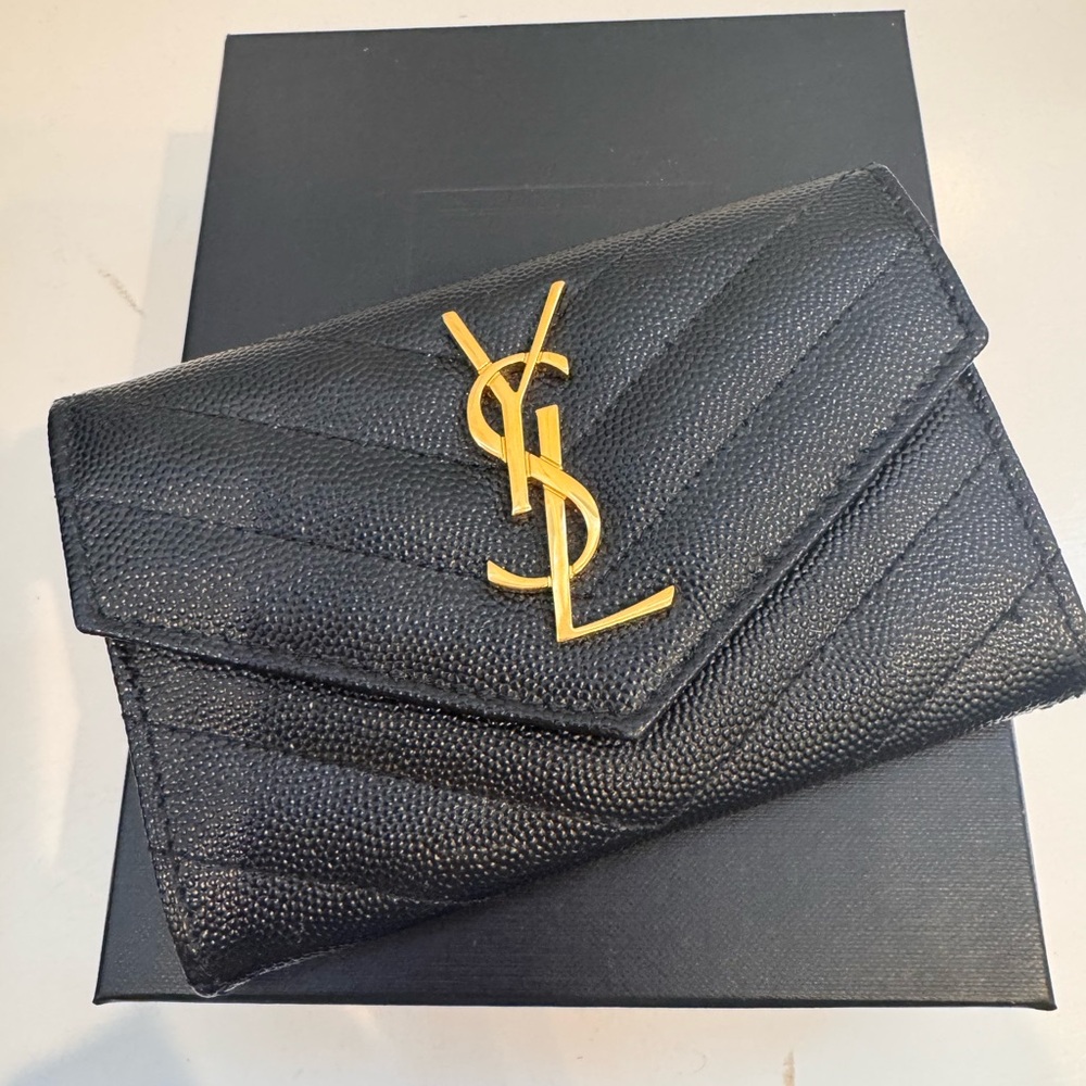 Yves Saint Laurent Black Quilted Envelope Wallet with Gold YSL Hardware